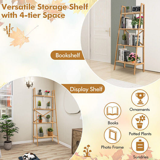 58 Inch 4-Tier Bamboo Ladder Bookshelf Walnut Natural Storage Rack-3