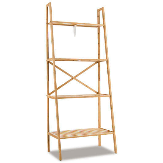 58 Inch 4-Tier Bamboo Ladder Bookshelf Walnut Natural Storage Rack-0