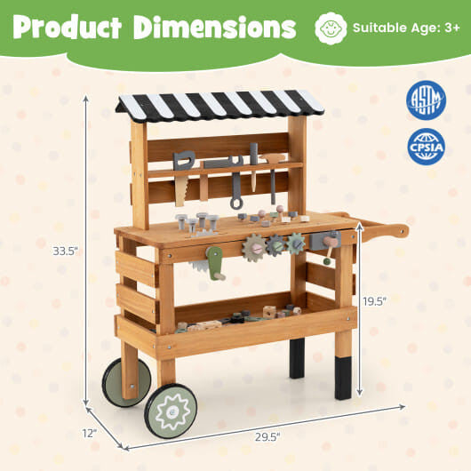 2-in-1 Kids Rolling Cart with Construction Play Tools Set Brown Safe Durable-2